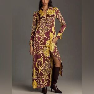 Anthropologie Corey Lynn Calter Yellow Purple‎ Patterned Long Shirt Dress Size S